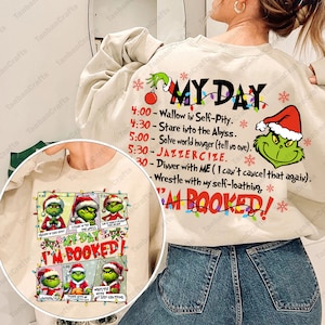 My Day I&#39;m Booked png, retro kerst png, grappige kerstrots, papier, schaar png, kerstmuts png, kerstgroene gemene kerel png