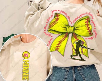 Custom Softball Bow Png, Softball Mom Shirt With Kids Name & Jersey Number Png, Game Day Png, Softball Coquette, Softball Mama Png