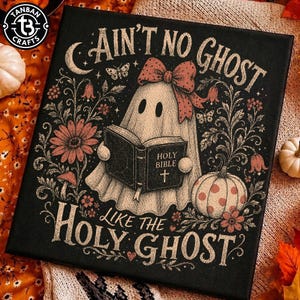 May include: A black canvas print featuring a central ghost figure wearing a red polka-dot bow, reading a book titled Holy Bible. The illustration includes floral motifs, butterflies, and a pumpkin, with the text AIN'T NO GHOST LIKE THE HOLY GHOST.