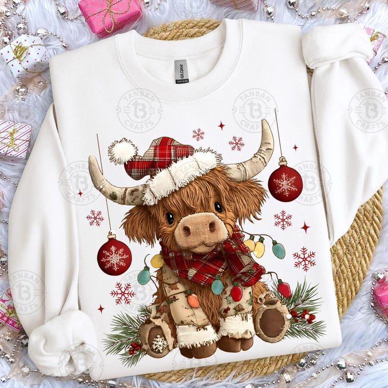 May include: White sweatshirt featuring a Highland cow illustration. The cow wears a Santa hat, a red plaid scarf, and is adorned with Christmas lights and ornaments. Festive snowflakes and greenery complete the holiday design.