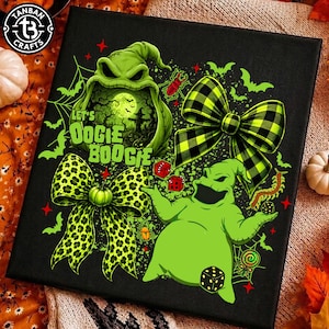 May include: A black square canvas featuring a green Oogie Boogie character, a green and black plaid bow, a green leopard print bow, red dice, and the text "LET'S OOGIE BOOGIE". The design includes silhouettes of bats, a spider web, and insects.