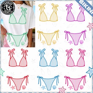 Peut inclure: Un t-shirt blanc avec un motif de bikini vert et un bas assorti. L'image présente également plusieurs modèles de bikinis en jaune, violet, rouge et bleu. Chaque motif de bikini comprend des rayures et des détails de liens. Des graphiques d'étoiles de mer et de coquillages sont inclus.