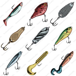 Pu&ograve; includere: Una collezione di nove esche da pesca in vari design e colori. Le esche includono stili a forma di pesce, cucchiaio e verme, ognuno con un amo e una verniciatura dettagliata. La tavolozza dei colori comprende rosso, verde, argento e oro.