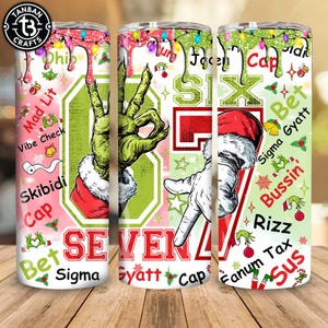 Six Seven Bruh おもしろミーム クリスマス ハンズ 20オンス スキニータンブラー 昇華デザイン PNG、トレンディなクリスマス 2025 PNG、おもしろいグリーンガイ デザイン PNG