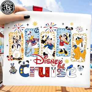May include: White tote bag featuring Disney characters in nautical outfits. The design includes Goofy, Donald Duck, Mickey Mouse, Minnie Mouse, and Pluto, with the words "Disney Cruise" in a colorful font. Decorative elements include anchors, fireworks, and nautical symbols.