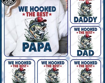 Camiseta personalizada "We Hooked The Best Dad Grandpa" em PNG, com foto de pai pescador, presente para o Dia dos Pais, presente para pescador e nome personalizado para crianças pescando em PNG.