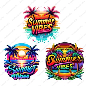 K&ouml;nnte beinhalten: Vier farbenfrohe Designs zum Thema Sommer mit Palmen, Sonnenunterg&auml;ngen und dem Text "Summer Vibes" in einer Regenbogen-Schriftart.