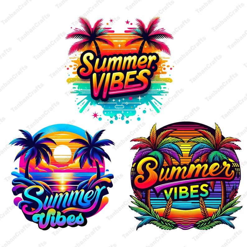 K&ouml;nnte beinhalten: Vier farbenfrohe Designs zum Thema Sommer mit Palmen, Sonnenunterg&auml;ngen und dem Text "Summer Vibes" in einer Regenbogen-Schriftart.