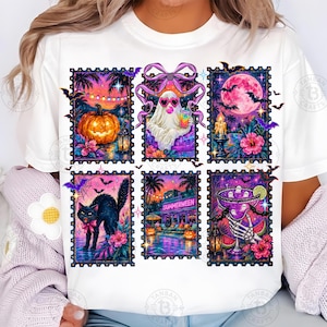 Peut inclure: Un t-shirt blanc avec une impression graphique compos&eacute;e de six motifs rectangulaires en forme de timbres. Les illustrations repr&eacute;sentent une citrouille, un fant&ocirc;me avec des lunettes en c&oelig;ur, une pleine lune, un chat noir et un squelette.