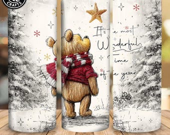 Retro It's the Most Wonderful Time of the Year Tumbler Wrap Png, Cartoon Bear And Friends Character Christmas 20oz Skinny Tumbler Wrap Png