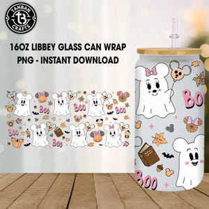 Trending Cartoon Mouse Friends 16oz Glass Can Wrap Png, Halloween Pumpkins Libbey Glass Can Png, Halloween Cartoon Glass Can Wrap Png