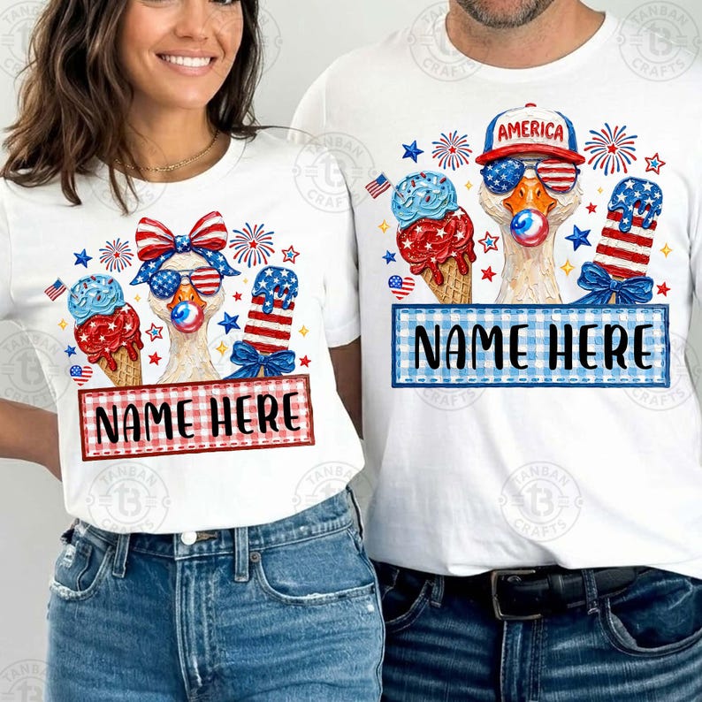 May include: White t-shirts with a patriotic design featuring a goose wearing sunglasses and a hat that says "AMERICA". The design includes ice cream cones and a popsicle with red, white, and blue colors. The text "NAME HERE" is displayed on a banner.