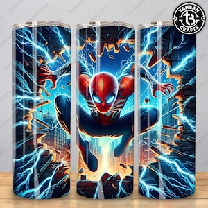 May include: A stainless steel tumbler with a colorful illustration of Spider-Man breaking through a brick wall with blue lightning bolts. The tumbler is a popular choice for carrying beverages.