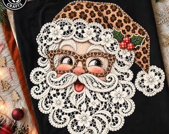 Preppy Santa PNG, Lace Leopard Winking Santa Claus Design, Retro Merry Christmas Shirt, Trendy Holiday Sublimation PNG Digital Download