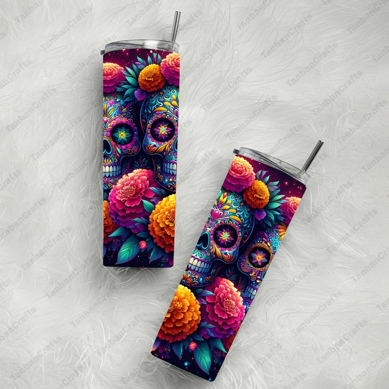 Seamless Rainbow Sugar Skull Wrap, 20 Oz Tumbler Sublimation, Colorful