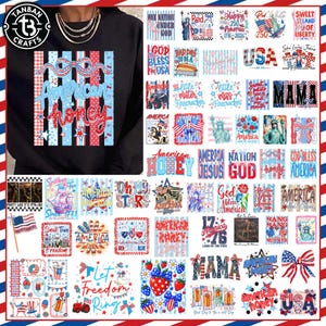 May include: A black sweatshirt featuring a graphic with the text American Honey, a blue bow, and red and white stripes. The image also displays a grid of various patriotic designs including text like God Bless America, Mama, and 1776, featuring stars, flags, and floral patterns in red, white, and blue.
