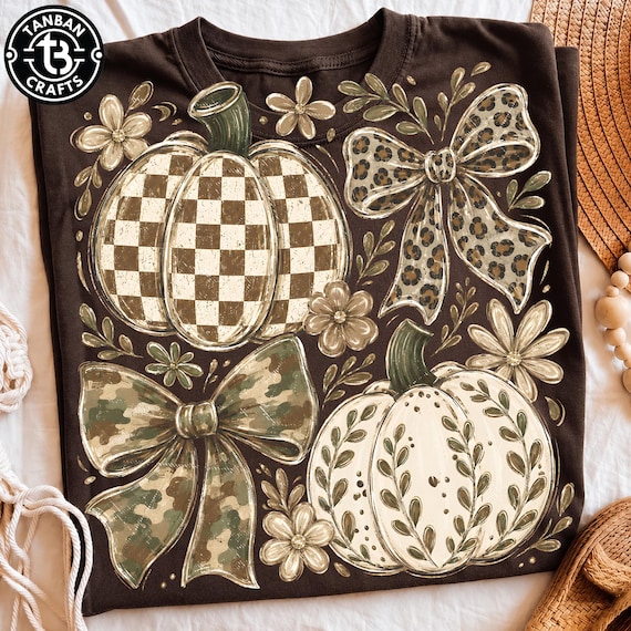 Preppy Coquette Camo Pumpkin PNG, Grandmillennial Fall Bow Design, Trendy Pumpkin Graphic, Autumn Shirt PNG Digital Download
