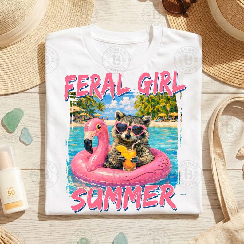 May include: White t-shirt with a graphic of a raccoon wearing heart-shaped sunglasses and floating on a pink flamingo floatie, holding a drink. The text "FERAL GIRL SUMMER" is above and below the graphic.