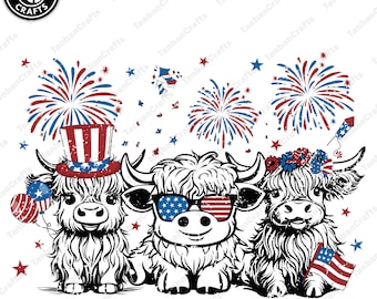 4th July Baby Highland Cow PNG Retro Fourth of July Sublimation Design Png Funny 4th Of July Cute Western Cow Png Independence Day Png