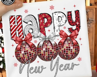 Happy New Year 2026 Png, Red And Silver Glitter Faux Sparkly New Year Shirt Design Png, Hello 2026 Png Disco Ball, Trendy New Years Eve Png