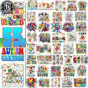 Puede incluir: Una colección de más de 55 diseños de dibujos animados sobre el autismo. Las imágenes presentan varios personajes, incluidos superhéroes y personajes de Disney, con textos como "Concienciación sobre el autismo" y "Está bien ser diferente".