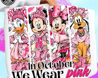 Brushstroke Cartoon Mouse And Friends Breast Cancer Awareness Png, Retro Floral Pink Ribbon Png, In October We Wear Pink Png