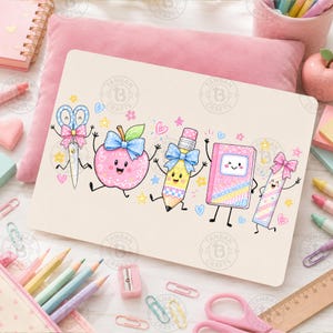 May include: A rectangular board featuring a colourful illustration of five anthropomorphic school supplies: scissors, an apple, a pencil, a notebook, and a ruler, all decorated with bows and smiling faces, surrounded by small stars and hearts.