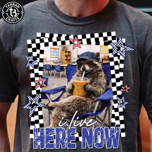 Puede incluir: Camiseta gris oscuro con un diseño de un mapache con gafas de sol y sombrero, sentado en una silla azul y bebiendo. La imagen incluye el texto "i live HERE NOW" con bordes a cuadros y estrellas.