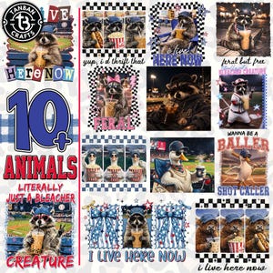Può includere: Un collage di arte digitale con vari animali, tra cui procioni e anatre, che indossano cappelli e occhiali da sole e bevono bevande. Il testo include "Here Now", "10+ Animals" e "Wanna be a Baller".