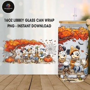 Cartoon Mouse Friends 16oz Glass Can Wrap Png, Halloween Pumpkins Libbey Glass Can Png, Halloween Cartoon Glass Can Wrap Png, Fall Vibes Png