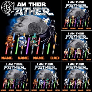 May include: Black t-shirts with a Star Wars theme. The design features Darth Vader, the Death Star, and various characters with lightsabers. Text includes "I AM THEIR FATHER", "NAME", and "DAD".
