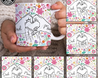 Anpassad muggomslag för upp till 6 barn som håller mammas hand, mall för mamma 30 cl mugg, blommig 30 cl mugg för mamma png, kaffemuggar för mors dag png