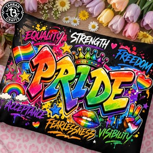 May include: A black poly mailer bag featuring vibrant graffiti-style artwork with the word PRIDE in rainbow colors. The design includes a rainbow flag, a crown, lips, a peace sign, stars, hearts, and the words EQUALITY, STRENGTH, FREEDOM, ACCEPTANCE, FEARLESSNESS, and VISIBILITY.