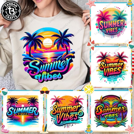 BUNDLE Summer Vibes Png, Colorful Summer Sublimation Design, Neon Summer Png, Tropical Summer Png,  Colorful Beach Tshirt Design