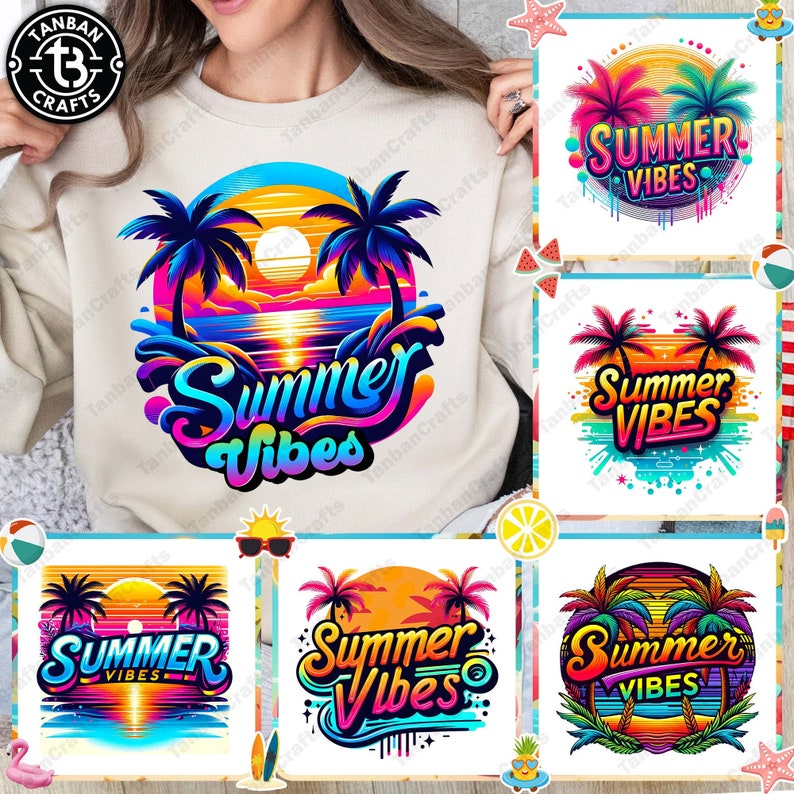 K&ouml;nnte beinhalten: Vier verschiedene Designs f&uuml;r ein Sommer-Vibes-T-Shirt. Jedes Design zeigt einen Sonnenuntergang, Palmen und den Text "Summer Vibes" in einer bunten, Retro-Schrift.