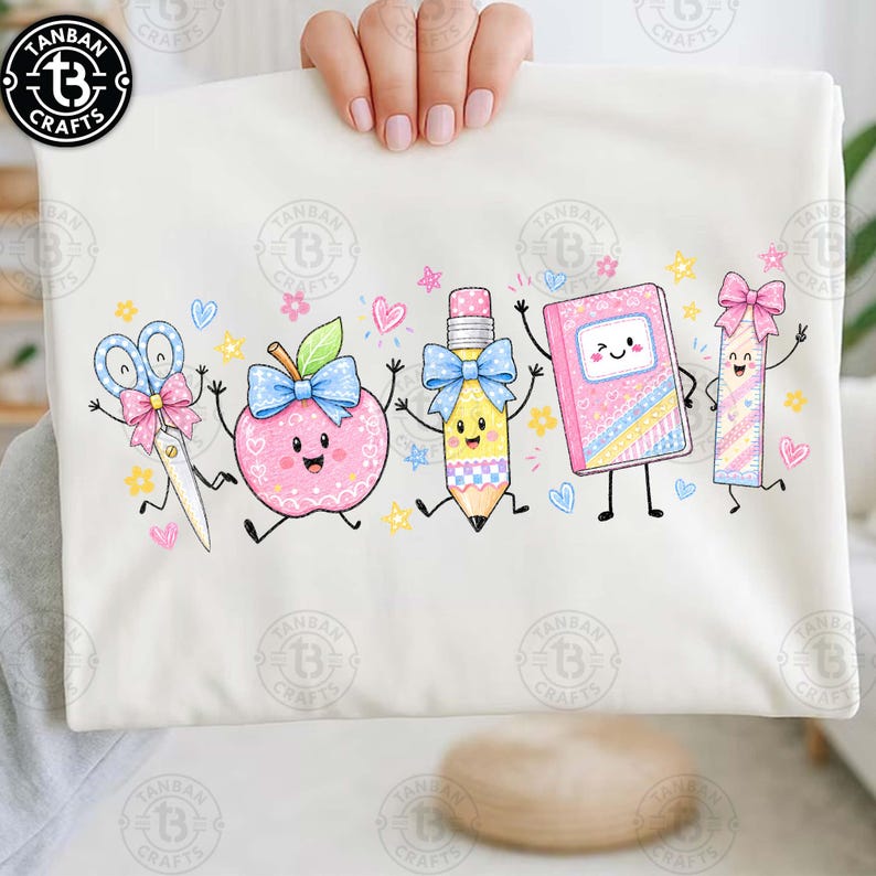 May include: A white t-shirt featuring a colourful graphic of five anthropomorphic school supplies: scissors with a pink bow, a pink apple with a blue bow, a yellow pencil with a blue bow, a pink notebook with a face, and a pink ruler with a pink bow.