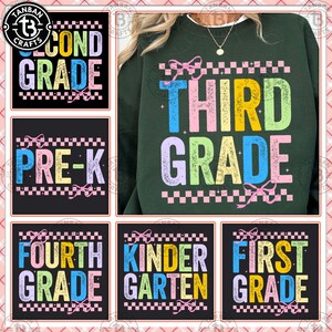 Retro Back to School Png Bundle, Kindergarten, First Day Of School, Teacher Coquette Bow Png, First/Second/Third Grade Design, School Bundle