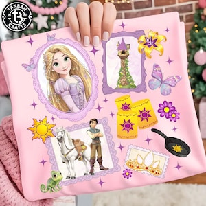 May include: Pink fabric featuring illustrations of a princess, a tower, a horse, and other elements. The design includes a sun, butterflies, flowers, and a frying pan. The overall theme is a fairytale.