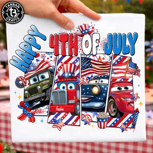 May include: A white square fabric with a colorful graphic celebrating the 4th of July. The design features cartoon cars, fireworks, and the text "HAPPY 4TH OF JULY" in red and blue.