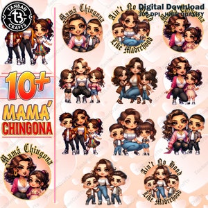 10+ Mama Chingona Chicana Mom Png Bundle, Chibi Style Latina Mother's Day PNG for UV DTF, Gift For Mom Png, Happy Mother Day Png, Girl Mom