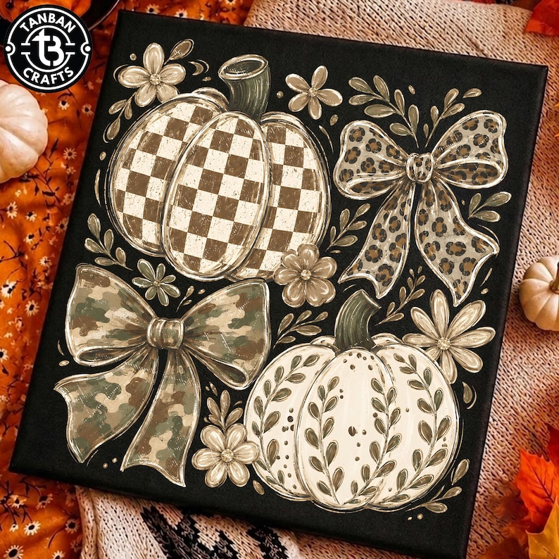 May include: A square canvas print on a black background featuring two pumpkins, one with a brown and white checkered pattern and one with a white leaf design. The artwork includes a leopard print bow, a camouflage bow, and small floral accents.