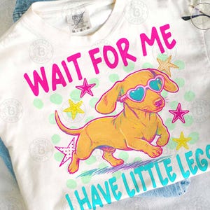 May include: Cream-colored t-shirt with the text "WAIT FOR ME" in pink and "I HAVE LITTLE LEGS" in teal. A cartoon dachshund wearing heart-shaped sunglasses is the central graphic, surrounded by stars and polka dots.
