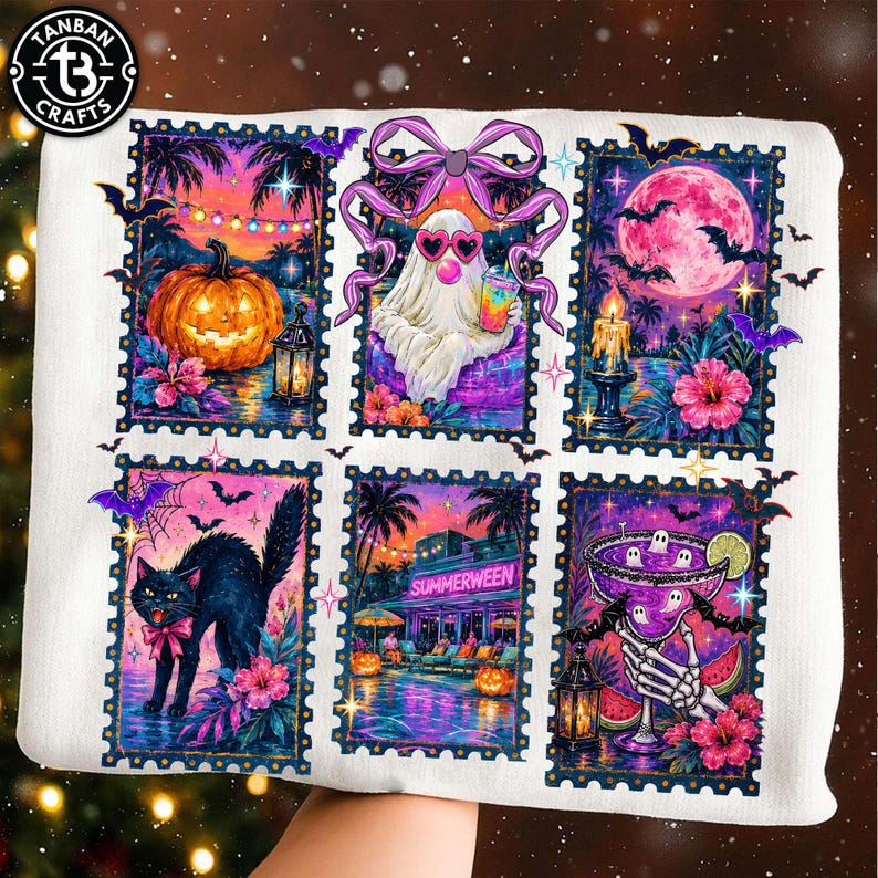 Peut inclure: Un sweat-shirt blanc orn&eacute; de six illustrations rectangulaires en forme de timbres-poste sur le th&egrave;me d'Halloween. Les motifs incluent une citrouille, un fant&ocirc;me avec des lunettes en c&oelig;ur, une pleine lune, un chat noir, une piscine et un cocktail.