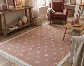 Dusty Rose Cotton Flatweave Rug | Minimalist Geometric Area Rug for Living Room, Bedroom & Designer Interiors in Custom Options