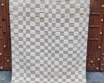 Handwoven Wool Checkered Rug, Beige and White Moroccan Berber Style