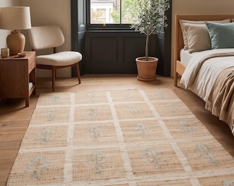 Blue Floral Grid Design in Natural Jute Rug, Botanical, Vintage Cottage Area Rug, Rustic Farmhouse Rug for Living Room in Bespoke Options