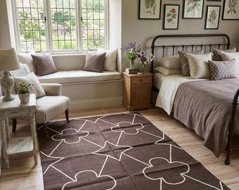 Bruin en wit geometrisch katoenen platgeweven vloerkleed | Modern abstract vloerkleed voor woonkamer, slaapkamer en designinterieur in aangepaste opties