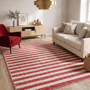 Luxury Wool Handwoven Rug | Classic Red Stripe Flatweave | Custom Size Area Rug for Living Room and Curated Interiors in Custom Options
