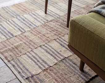 Natural Jute Rug, Beige Taupe Abstract Striped Geometric Pattern Eco-Friendly Natural Fiber, Boho Style in Custom Size and Color Options
