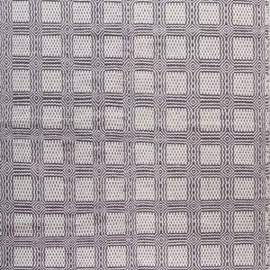 May include: A woven textile featuring a repeating geometric pattern of dark purple and off-white squares. The design consists of small, textured rectangles arranged in a grid, framed by thin, interconnected diamond shapes that create a structured, symmetrical appearance across the entire surface of the fabric.